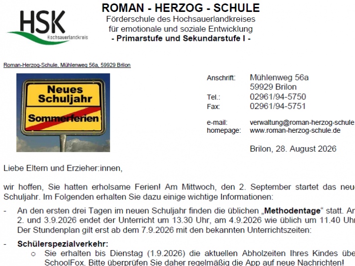 Elternbrief zum  neuen Schuljahr